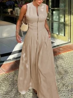 UOOZEE Office Lady Commute Pleated A-line Dress 2026 New Summer Fashion Solid Color Sleeveless Zipper Evening Maxi Dresses