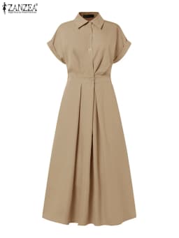 Women Summer OL Work Dress ZANZEA Elegant Short Sleeve Office Sundress Casual Solid A Line Buttons Holiday Vestidos Kaftan Robe