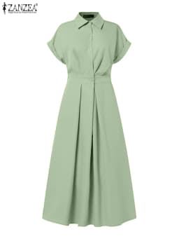 Women Summer OL Work Dress ZANZEA Elegant Short Sleeve Office Sundress Casual Solid A Line Buttons Holiday Vestidos Kaftan Robe