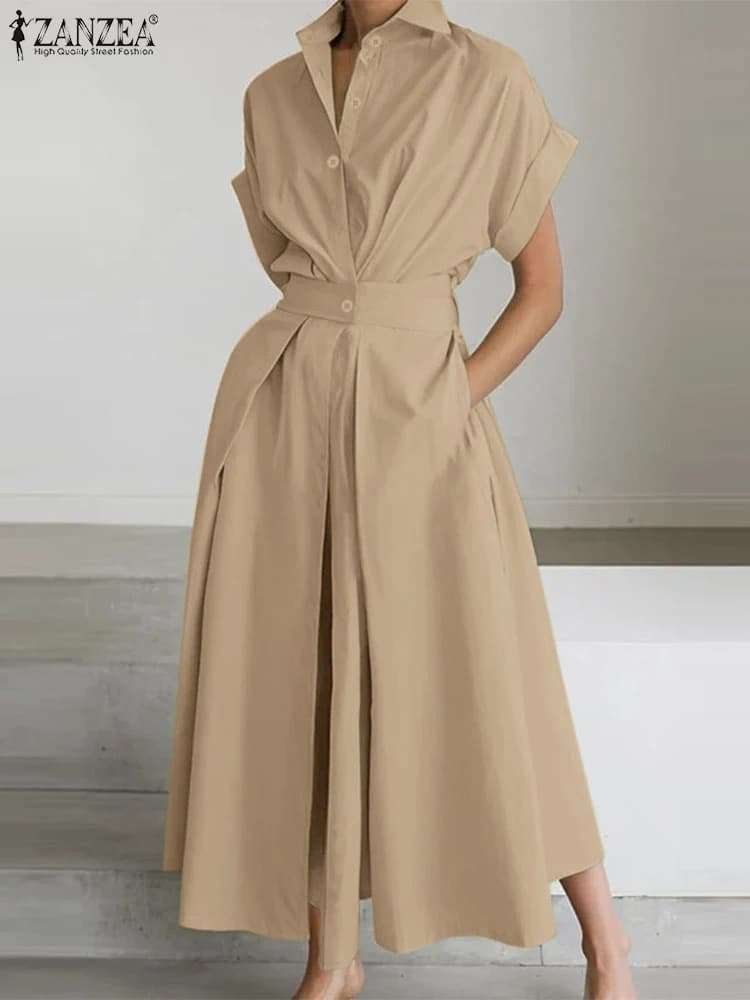 Women Summer OL Work Dress ZANZEA Elegant Short Sleeve Office Sundress Casual Solid A Line Buttons Holiday Vestidos Kaftan Robe