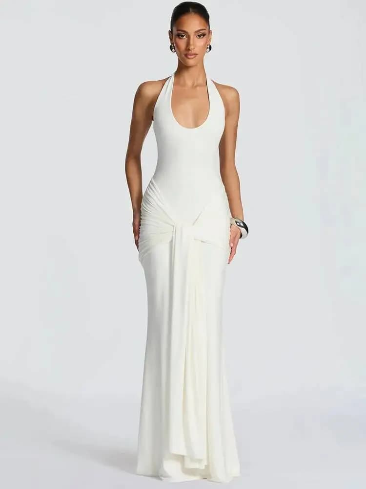 Mozision Halter Backless Sexy Maxi Dress Women Elegant V Neck Sleeveless Draped Ruched Bodycon Club Party Long Dress Female