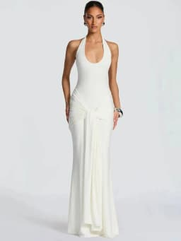 Mozision Halter Backless Sexy Maxi Dress Women Elegant V Neck Sleeveless Draped Ruched Bodycon Club Party Long Dress Female