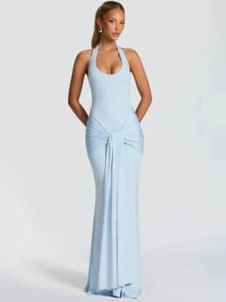 Mozision Halter Backless Sexy Maxi Dress Women Elegant V Neck Sleeveless Draped Ruched Bodycon Club Party Long Dress Female