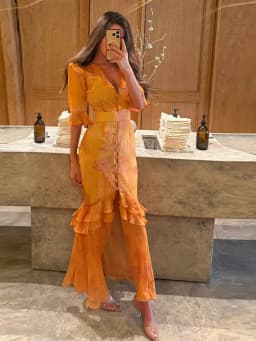 Elegant Ruffle Women's Long Dresses V Neck Half Sleeve Button Waist Cinching Pleated Dress 2026 Spring Lady Fashion Party Robes