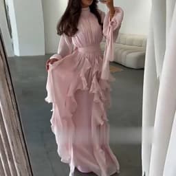 Fashion High Waist Pleat Party Dress Lady Casual High Collar Layered Banquet Dress Elegant Long Sleeve Solid Color Evening Dress