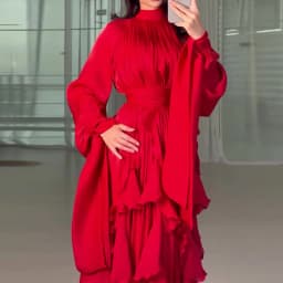 Fashion High Waist Pleat Party Dress Lady Casual High Collar Layered Banquet Dress Elegant Long Sleeve Solid Color Evening Dress