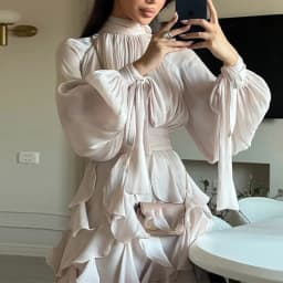 Fashion High Waist Pleat Party Dress Lady Casual High Collar Layered Banquet Dress Elegant Long Sleeve Solid Color Evening Dress