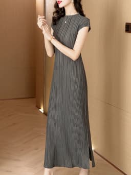 Casual Fashion Pleated Skirt Midi Dress High Waist Slit Polyester Fiber Summer Elegant Women's Dress Daily Wear H-Shape