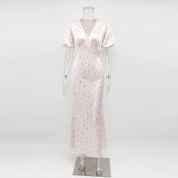 Tornova Floral Print Elegant Long Dress for Women Short Sleeve V Neck Fashion Slim Dress Satin Commuting Banquet Female Dress