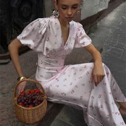 Tornova Floral Print Elegant Long Dress for Women Short Sleeve V Neck Fashion Slim Dress Satin Commuting Banquet Female Dress