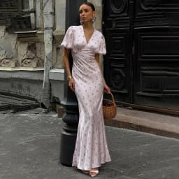 Tornova Floral Print Elegant Long Dress for Women Short Sleeve V Neck Fashion Slim Dress Satin Commuting Banquet Female Dress
