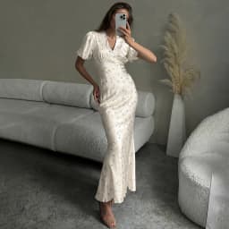 Tornova Floral Print Elegant Long Dress for Women Short Sleeve V Neck Fashion Slim Dress Satin Commuting Banquet Female Dress