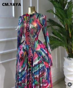 CM.YAYA Women O-neck Long Sleeve Big Swing Tie Dye Print Long Dress 2026 Sexy Parties Evening Vacation Maxi Dresses Vestidos