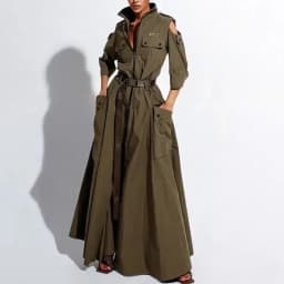 Summer Dress for Women 2026 Retro Turn-down Collar Cold Shoulder Half Sleeve Zipper Belt Pockets Split High Waist Maxi Dresses