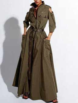 Summer Dress for Women 2026 Retro Turn-down Collar Cold Shoulder Half Sleeve Zipper Belt Pockets Split High Waist Maxi Dresses