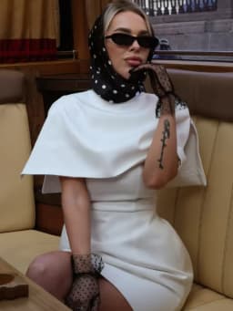 Elegant Solid Shawl Mini Dress Women Chic Half High Collar Waist Cinching A-line Short Dresses 2026 Lady Party Evening Gown New