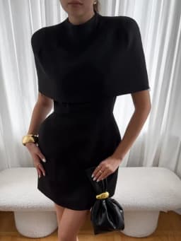 Elegant Solid Shawl Mini Dress Women Chic Half High Collar Waist Cinching A-line Short Dresses 2026 Lady Party Evening Gown New
