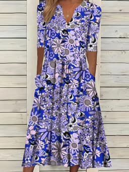 Summer Fashion Vintage Floral Print Boho Party Dresses For Women 2025 Elegant V-Neck Half Sleeve Pockets Beach Long Dress Robe