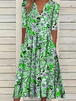 Summer Fashion Vintage Floral Print Boho Party Dresses For Women 2025 Elegant V-Neck Half Sleeve Pockets Beach Long Dress Robe