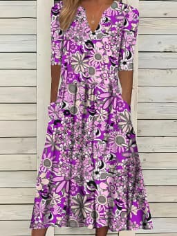 Summer Fashion Vintage Floral Print Boho Party Dresses For Women 2025 Elegant V-Neck Half Sleeve Pockets Beach Long Dress Robe