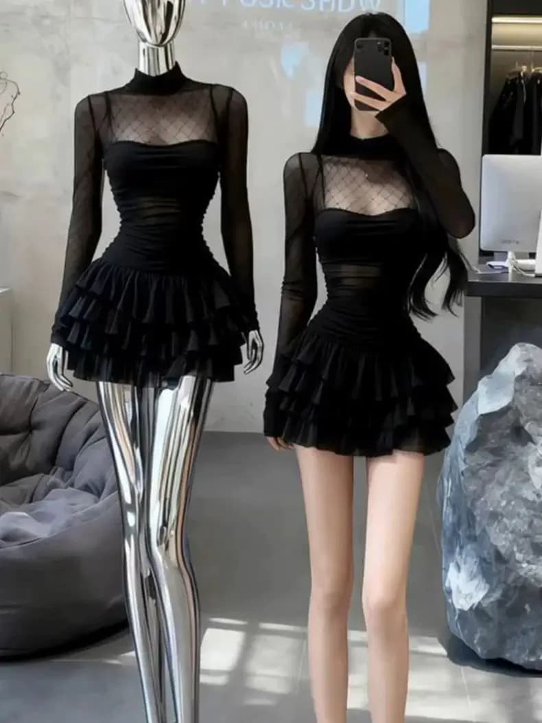 plus Size Sexy Chic Black High Collar Mesh Splice Short Dress Atmosphere Sensation Spicy Girl Dress High Waist A-Line Skirt