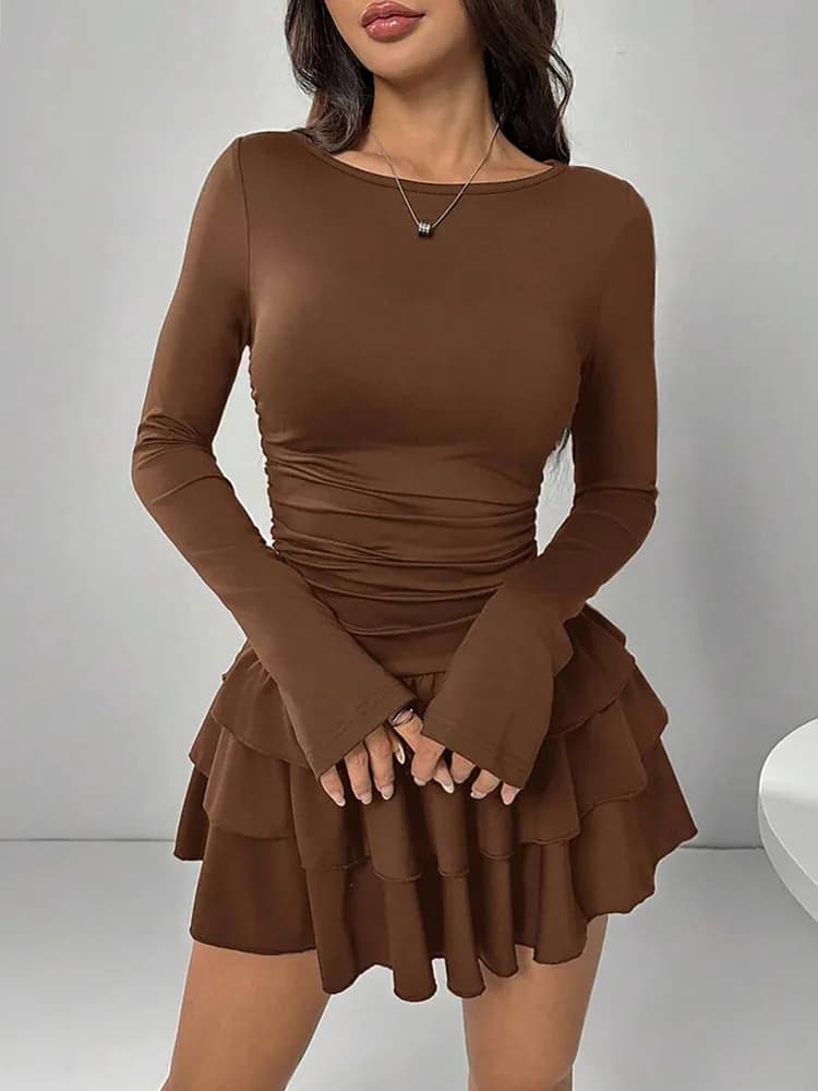 Autumn Elegant Long Sleeve O-neck Sexy Bodycon Solid Mini Prom Dress Women Outfit Elasticity Evening Party Festival Cake Dress