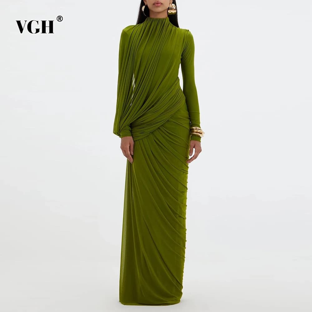 VGH Elegant Vintage Spliced Ribbon Dresses for Women Turtleneck Long Sleeve Irregular Folds Evening Luxurious Maxi Dress Female