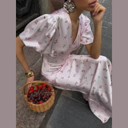 Elegant Print Women Long Dress Fashion V-neck Pleated Flutter Short Sleeve Empire Female Dresses 2026 Summer Chic Female Robe