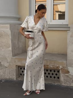 Elegant Print Women Long Dress Fashion V-neck Pleated Flutter Short Sleeve Empire Female Dresses 2026 Summer Chic Female Robe