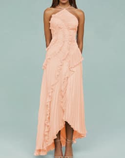 Elegant Women Ruffle Pleated Long Dress Fashion Sleeveless Halter Irregular Tiered Pleated Flowy Maxi Dresses for Wedding Party