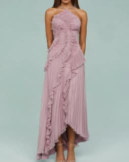 Elegant Women Ruffle Pleated Long Dress Fashion Sleeveless Halter Irregular Tiered Pleated Flowy Maxi Dresses for Wedding Party