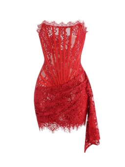 VC Christmas Dress For Women Red Lace Sexy Strapless Sleeveless Slim Supper Short Dress With Lace-Up