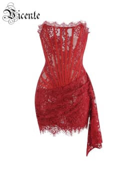 VC Christmas Dress For Women Red Lace Sexy Strapless Sleeveless Slim Supper Short Dress With Lace-Up