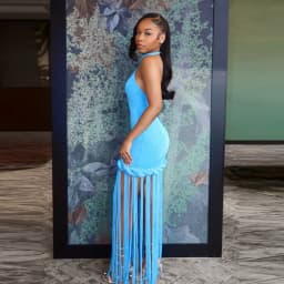 Women Blue Halter Neck Fringe Dress Chic Sleeveless Braided Trim Bodycon Vestido Beach Style Holiday Robe Party Evening Gowns