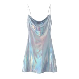 HH Women's Sexy Shinning Metallic Color Slip Mini Dress Woman Fashion Spaghetti Strap Pleated V-neck Slim Party Dresses