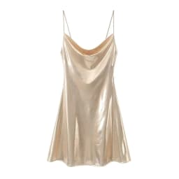 HH Women's Sexy Shinning Metallic Color Slip Mini Dress Woman Fashion Spaghetti Strap Pleated V-neck Slim Party Dresses