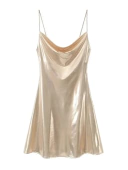 HH Women's Sexy Shinning Metallic Color Slip Mini Dress Woman Fashion Spaghetti Strap Pleated V-neck Slim Party Dresses