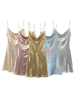 HH Women's Sexy Shinning Metallic Color Slip Mini Dress Woman Fashion Spaghetti Strap Pleated V-neck Slim Party Dresses