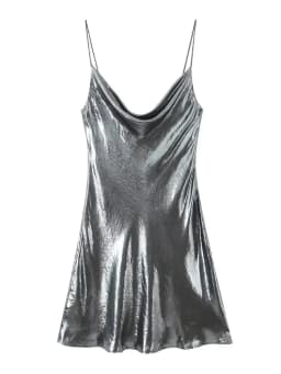 HH Women's Sexy Shinning Metallic Color Slip Mini Dress Woman Fashion Spaghetti Strap Pleated V-neck Slim Party Dresses