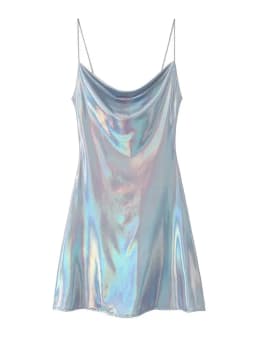 HH Women's Sexy Shinning Metallic Color Slip Mini Dress Woman Fashion Spaghetti Strap Pleated V-neck Slim Party Dresses