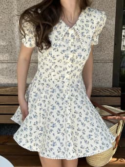 Bornladies 2026 Summer New Floral Short Sleeve Dress Women's Elegant Slim Fit Sweet Button Front Puff Sleeves Mini Dress