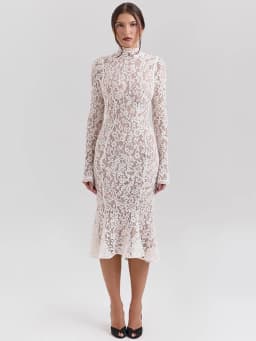 Mozision Lace Long Sleeve Sexy Midi Dress For Women Elegant White Half High Collar High Waist Bodycon Club Party Sexy Long Dress