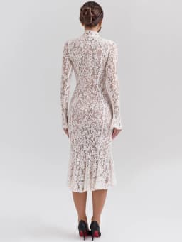 Mozision Lace Long Sleeve Sexy Midi Dress For Women Elegant White Half High Collar High Waist Bodycon Club Party Sexy Long Dress