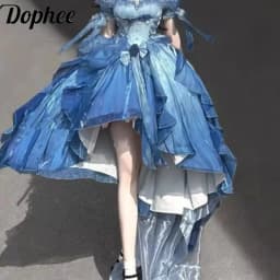 Dophee Original Lolita Trailing Puffy Dress Women Short Front Long Back Princess Blue Flower Wedding Dress Elegant Off Shoulder