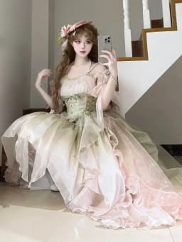 Dophee Original Lolita Trailing Puffy Dress Women Short Front Long Back Princess Blue Flower Wedding Dress Elegant Off Shoulder