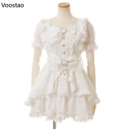 Japanese Sweet Lolita Rhinestone Bow Dress Kawaii Women Y2k Puff Sleeve Button Lace Ruffles Dress Harajuku Cute Party Cake Dress