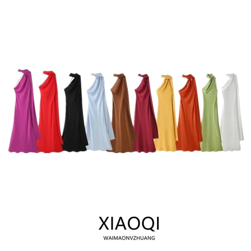 Elegant Long Silk Satin Dress Neck Hanging Pure Color Slim Fit Women's Summer New Fashion Dress City Commuting Casual Wedding