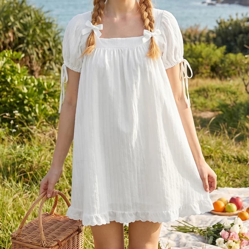 Bohemian Puff Sleeve Maternity Dress Women Square Neck A-line Mini Ruffled Dresses Fairy Vintage Loose Fit Flowy Short Dress