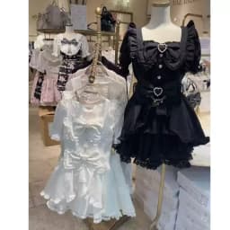 Jirai Kei Dark Sweet Lolita Mini Dress Women Bowknot Lace Puff Corset Heart Ruffle Cake Skirt Japanese Kawaii Harajuku Fashion