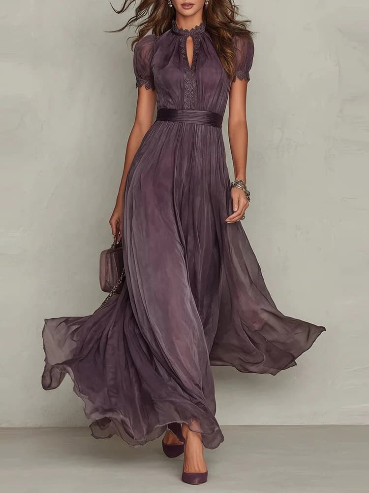 Vintage Solid Lace A-Line Long Dress Women's O Neck High Waist Pleated Party Dress Summer Short Sleeve Flowy Maxi Dresses